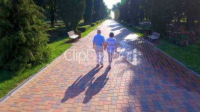 Aerial footage of senior couple walking outdoors in park