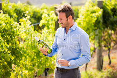 Smiling man holding wine bottle and glass