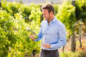 Smiling man holding wine bottle and glass