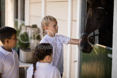 Kids looking at the brown horse in the stable