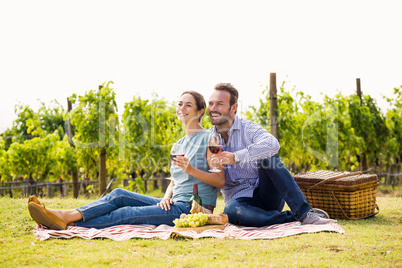 Happy couple with wineglasses sitting at lawn