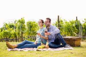 Happy couple with wineglasses sitting at lawn
