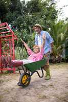 Cheerful senior man carrying woman in wheelbarrow