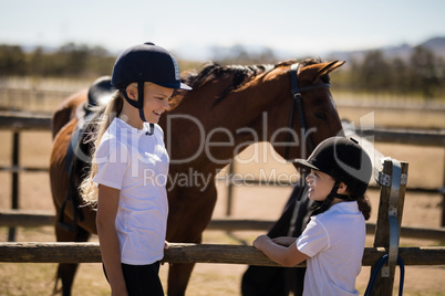 Smiling girls looking face to face near the brown horse in the ranch