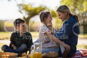 Mother and kids enjoying together on picnic in park