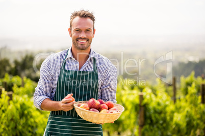 Portrait of smiling man holding apple basket