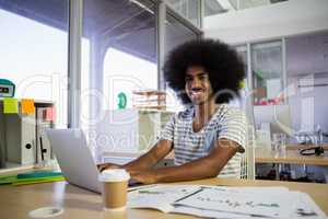 Portrait of man with curly hair using laptop in office