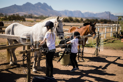 Two girls keeping saddle on fence