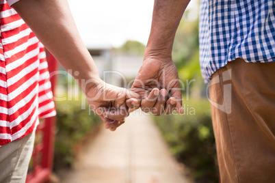 Cropped image of senior couple holding little fingers