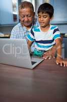 Grandfather with boy using laptop