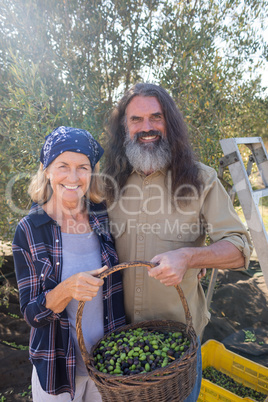 Portrait of happy couple holding basket full of olives