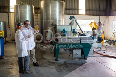 Technicians examining olive oil