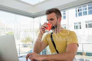 Businessman using laptop at desk in studio