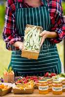 Midsection of woman holding box with vegetables