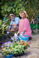 Portrait of smiling couple planting in yard