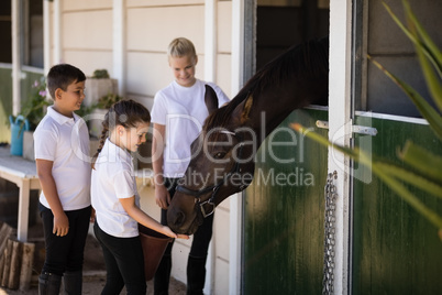 Three kids feeding the horse in stable