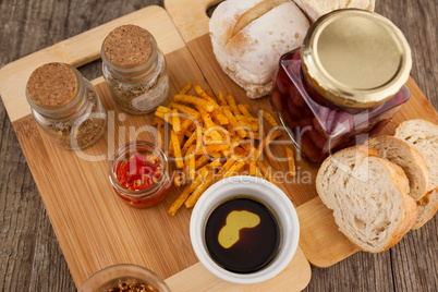 Food with jar on cutting boards