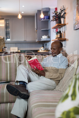 Senior man reading book while sitting on sofa