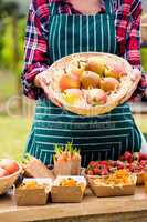 Midsection of woman holding basket with pears