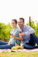 Happy couple with wineglasses looking away