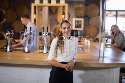 Smiling female bartender standing near bar counter