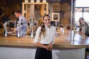 Smiling female bartender standing near bar counter