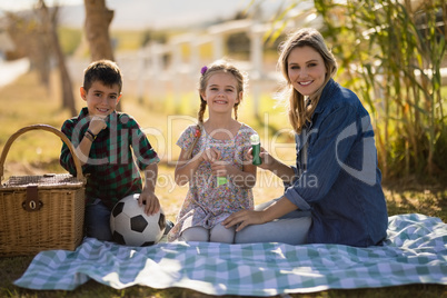 Smiling mother and kids sitting together in park