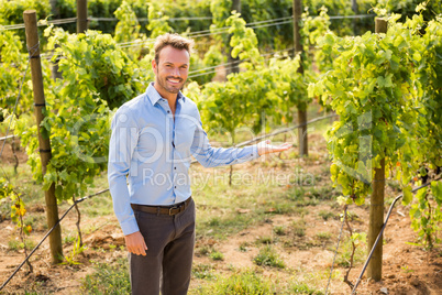 Portrait of man gesturing at vineyard