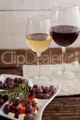 Close up of olives served with wine