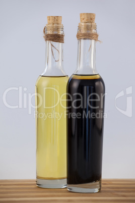 Olive oil in bottles on table