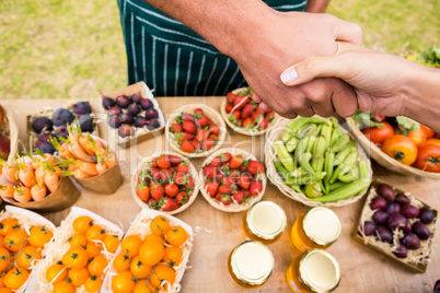 Cropped image of woman shaking hand with man selling fruits