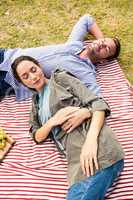 High angle view of young couple sleeping on picnic blanket