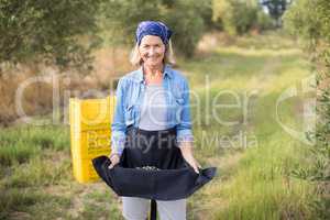Portrait of happy woman holding harvested olives in her skirt