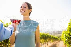 Smiling young woman toasting wineglass with man