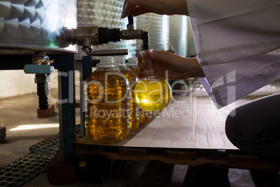 Mid section of female technician examining olive oil