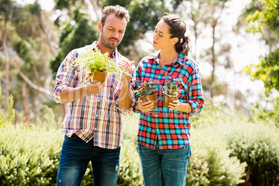 Young couple holding potted plants