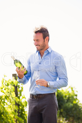 Smiling man holding wine bottle and glass against sky