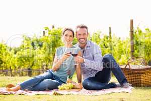 Portrait of couple toasting wineglasses at lawn
