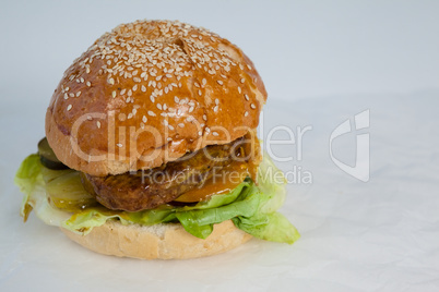 Close-up of hamburger on paper