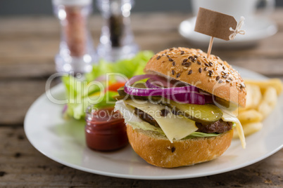 Close up of hamburger with label