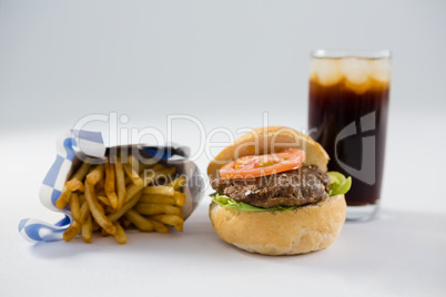 Hamburger and French fries with drink