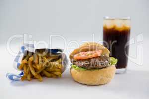 Hamburger and French fries with drink