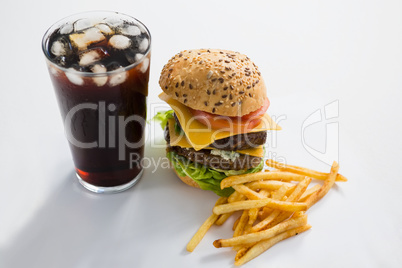 Cheeseburger and drink with French fries