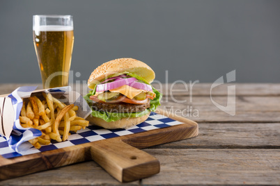 Close up of meal served with beer