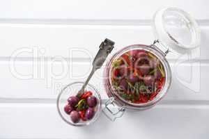 Pickled olives and vegetables served in bowl