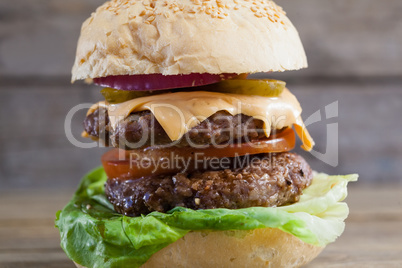 Hamburger on wooden table