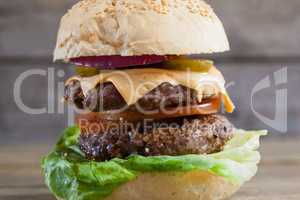 Hamburger on wooden table