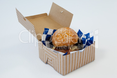 Hamburger in take away container on white background