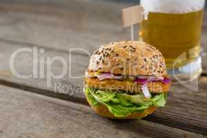 Close up of burger with beer
