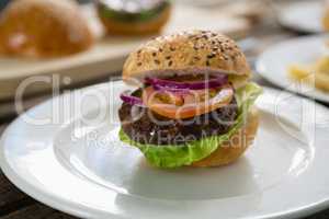Close up of hamburger with vegetables in plate
